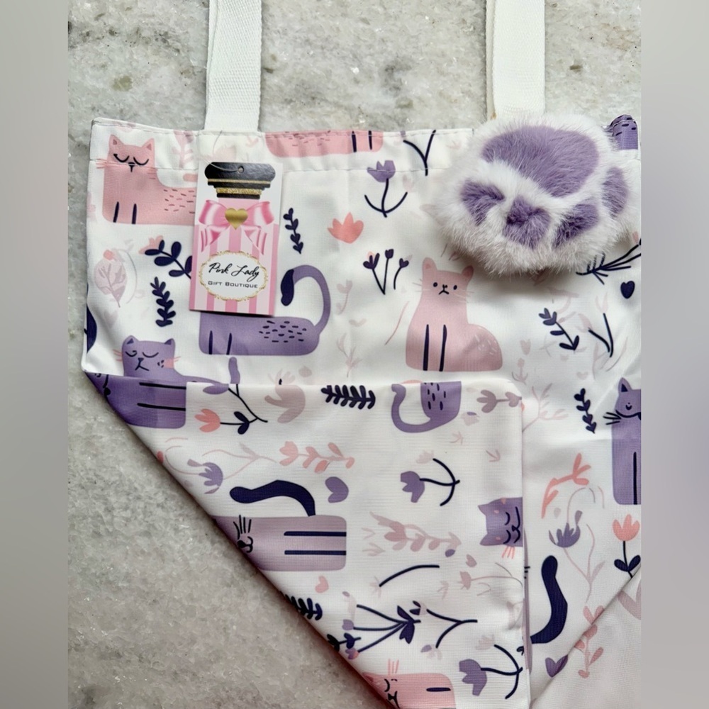 New Pink & Purple Cats Shopping Bag Purse Tote w/ Fuzzy Paw Charm - 16” - Picture 9 of 9